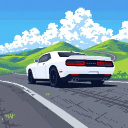 A pixel art representation of a white Dodge Challenger driving down a winding road