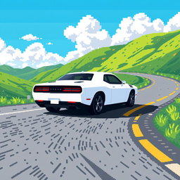 A pixel art representation of a white Dodge Challenger driving down a winding road