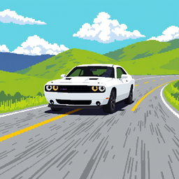 A pixel art representation of a white Dodge Challenger driving down a winding road