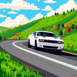 A pixel art depiction of a 2013 white Dodge Challenger driving along a winding road