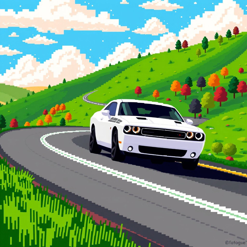 A pixel art depiction of a 2013 white Dodge Challenger driving along a winding road