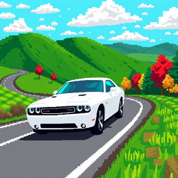 A pixel art depiction of a 2013 white Dodge Challenger driving along a winding road