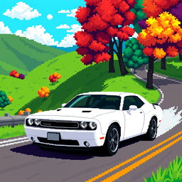 A pixel art depiction of a 2013 white Dodge Challenger driving along a winding road