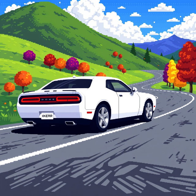 A pixel art depiction of a 2013 white Dodge Challenger driving along a winding road