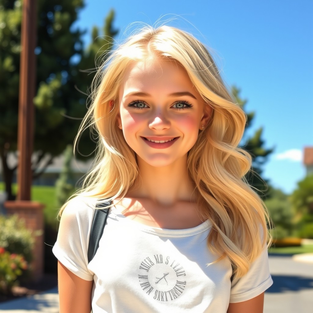 A blonde girl-next-door, exuding a sweet and innocent vibe