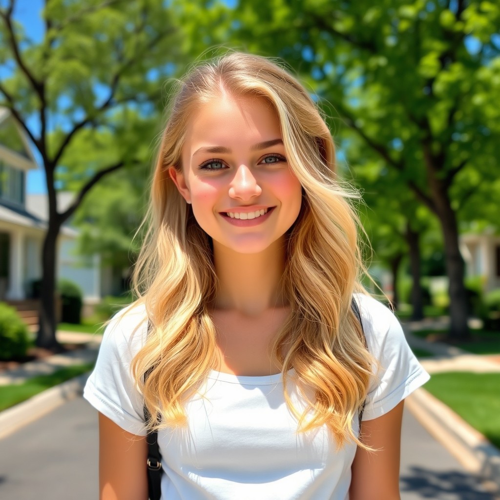 A 25-year-old blonde girl-next-door, radiating a sweet and innocent charm
