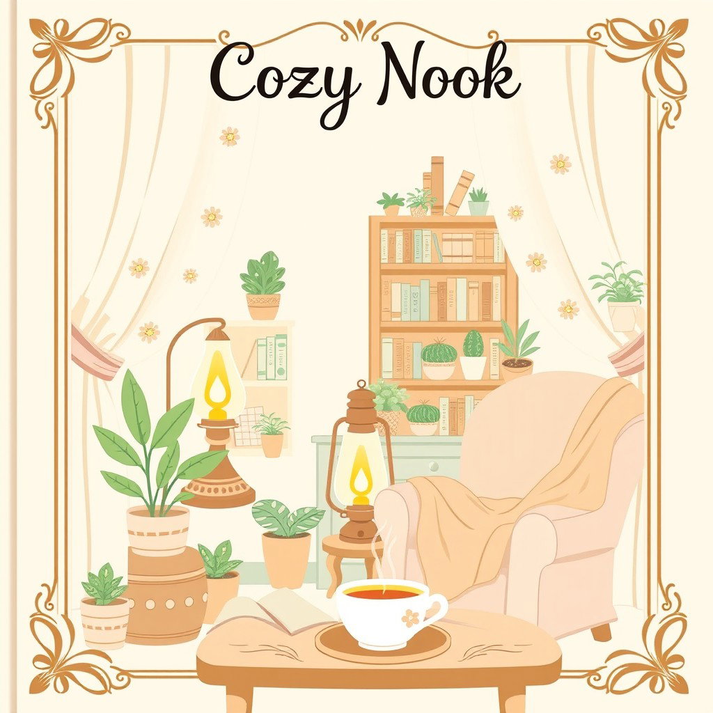 A charming and cozy cover titled "Cozy Nook" in the Bobbie Goods style, featuring a decorative frame and an inviting interior