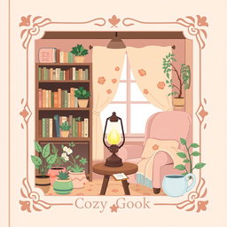 A charming and cozy cover titled "Cozy Nook" in the Bobbie Goods style, featuring a decorative frame and an inviting interior