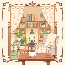 A charming and cozy cover titled "Cozy Nook" in the Bobbie Goods style, featuring a decorative frame and an inviting interior