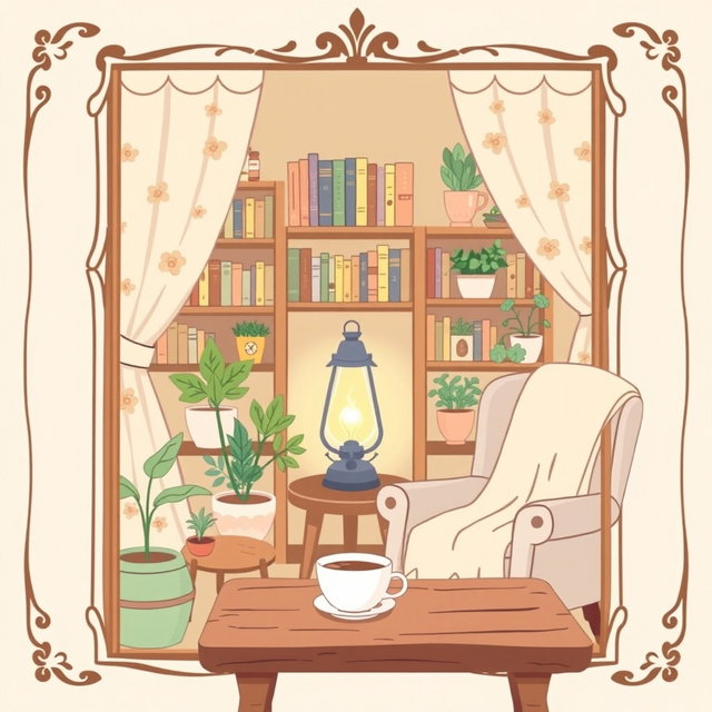 A charming and cozy cover titled "Cozy Nook" in the Bobbie Goods style, featuring a decorative frame and an inviting interior
