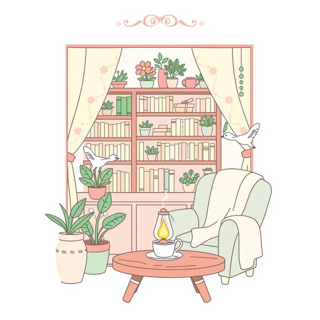 A vertical illustration titled "Cozy Nook" featuring the text in Portuguese "Enchanted Farm Animals – 40 Cute Coloring Pages" in a charming, cozy style reminiscent of Bobbie Goods
