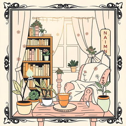 A vertical illustration titled "Cozy Nook" featuring the text in Portuguese "Enchanted Farm Animals – 40 Cute Coloring Pages" in a charming, cozy style reminiscent of Bobbie Goods