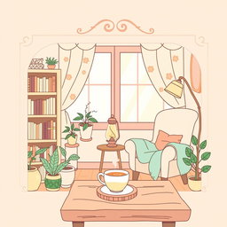 A vertical illustration titled "Cozy Nook" featuring the text in Portuguese "Enchanted Farm Animals – 40 Cute Coloring Pages" in a charming, cozy style reminiscent of Bobbie Goods