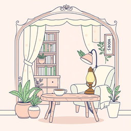 A vertical illustration titled "Cozy Nook" featuring the text in Portuguese "Enchanted Farm Animals – 40 Cute Coloring Pages" in a charming, cozy style reminiscent of Bobbie Goods