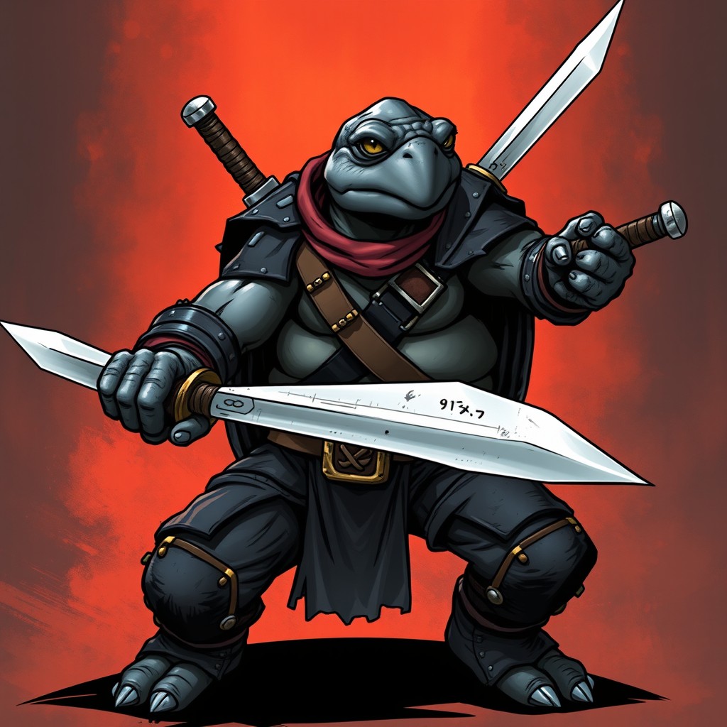 A tortle paladin from the Dungeons & Dragons universe, boldly wielding two short swords