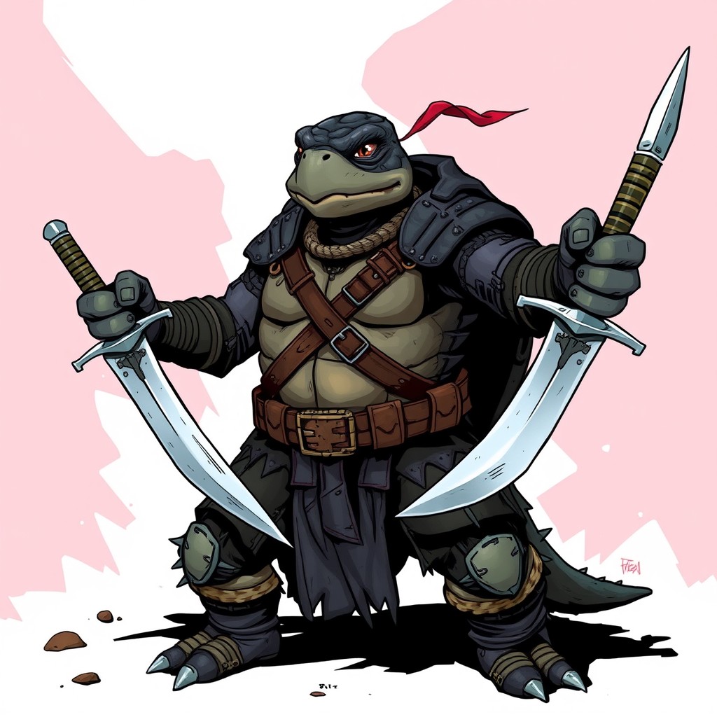 A tortle paladin from the Dungeons & Dragons universe, confidently wielding a short sword in each hand