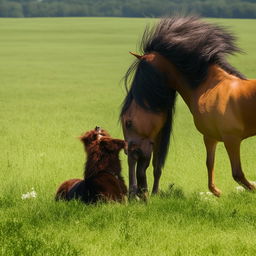 A playful horse and dogs frolicking together in a verdant field