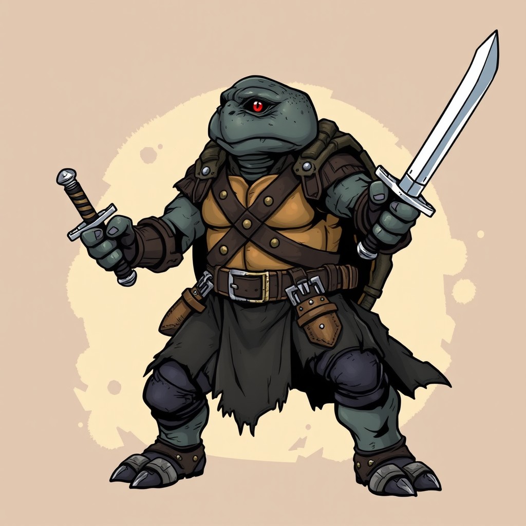 A tortle paladin from the Dungeons & Dragons universe, skillfully wielding a short sword in each hand