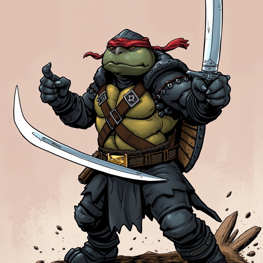 A tortle paladin from the Dungeons & Dragons universe, expertly wielding a short sword in each hand