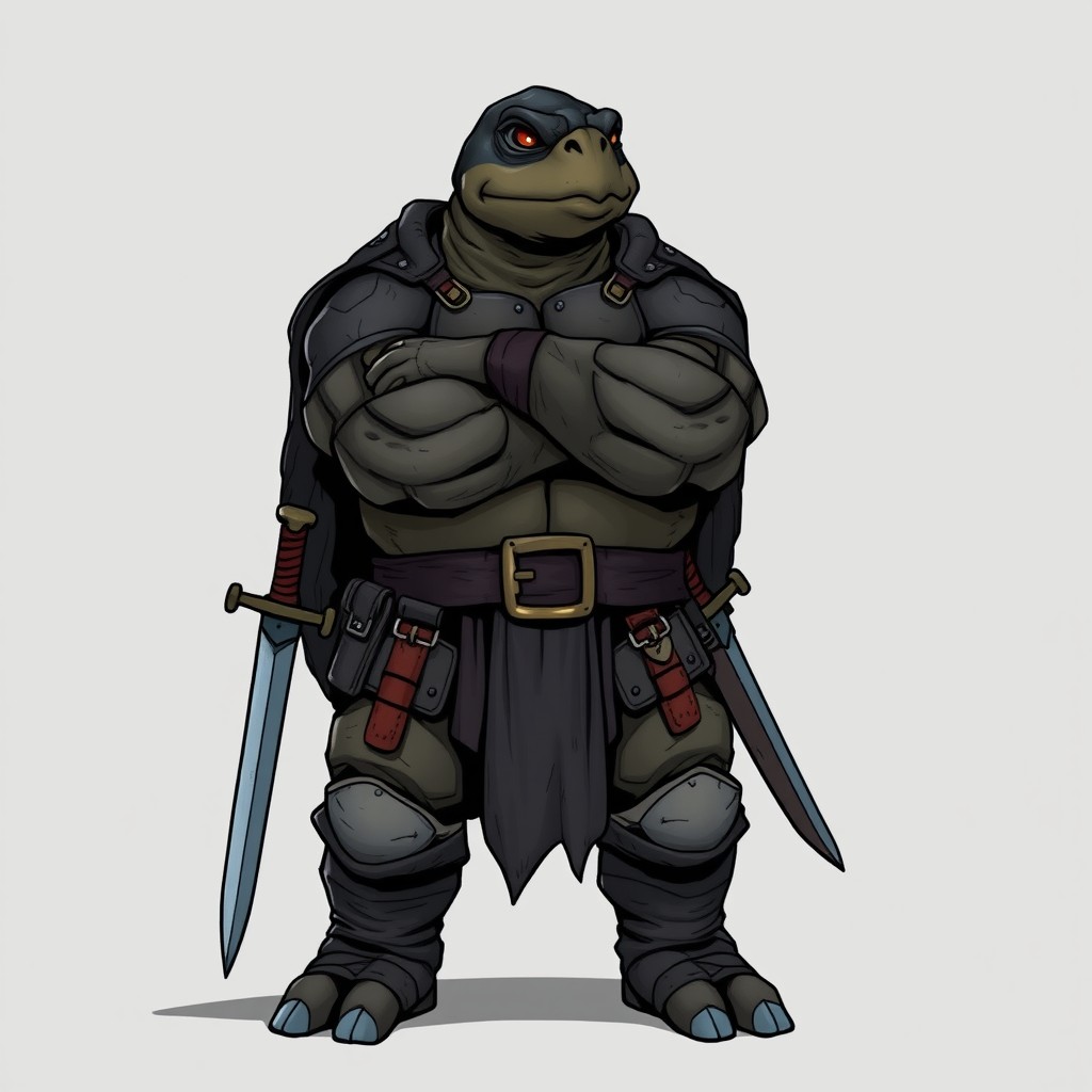 A stoic tortle paladin from the Dungeons & Dragons universe, standing with folded arms, exuding calm confidence