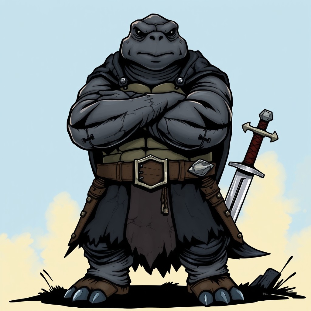 A steadfast tortle paladin from the Dungeons & Dragons universe, standing with folded arms, exuding a sense of calm strength