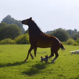 A playful horse and dogs frolicking together in a verdant field