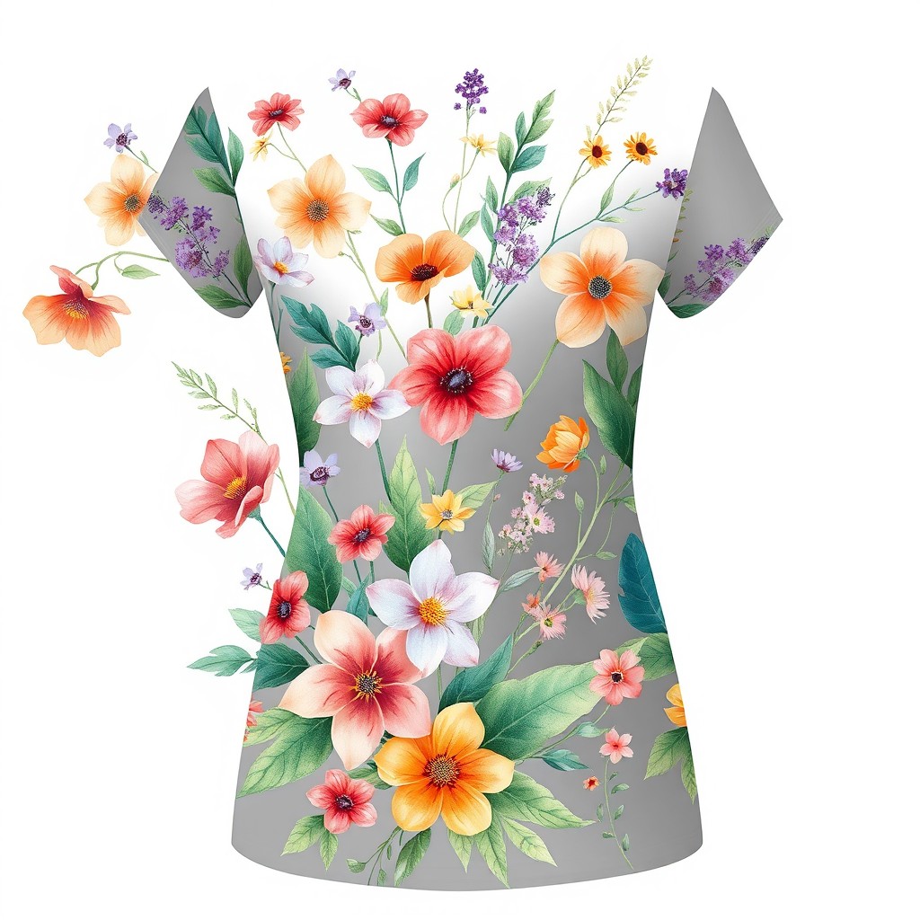 A stylish design for a women's t-shirt featuring an elegant floral pattern composed of colorful wildflowers and lush green foliage, seamlessly integrated with artistic brush strokes
