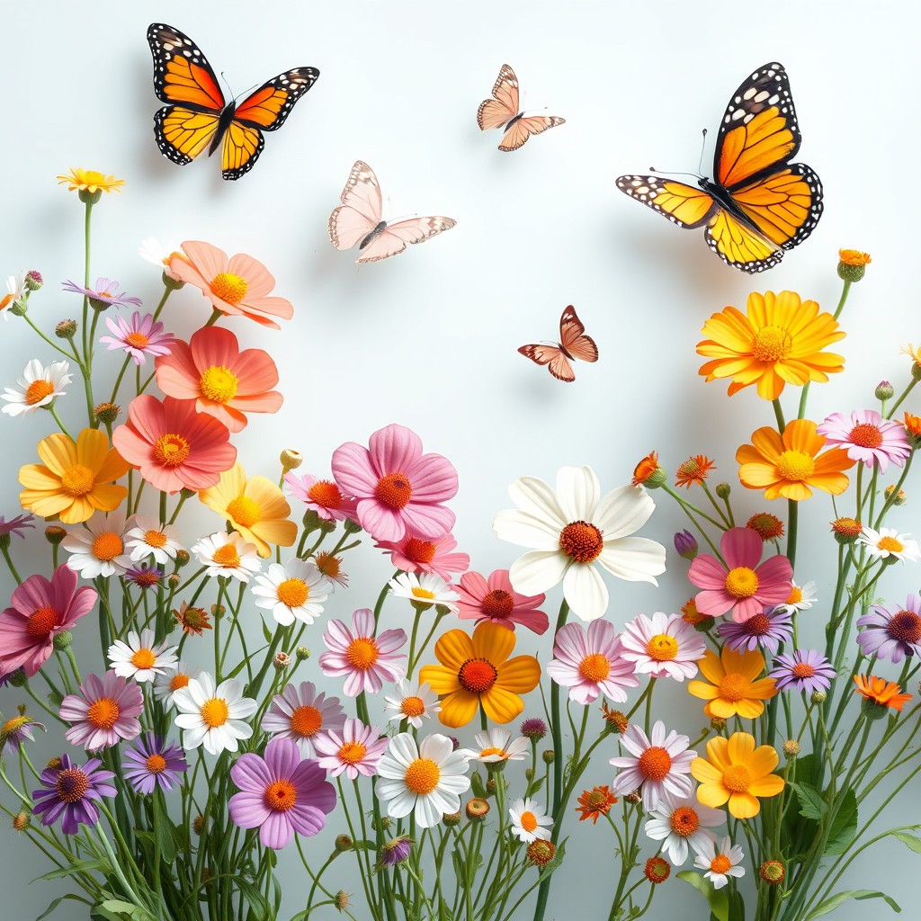 A beautiful arrangement of small colorful flowers and delicate butterflies, all depicted in high definition with a transparent background, showcasing vibrant colors and intricate details of each flower and butterfly, creating a cheerful and lively atmosphere