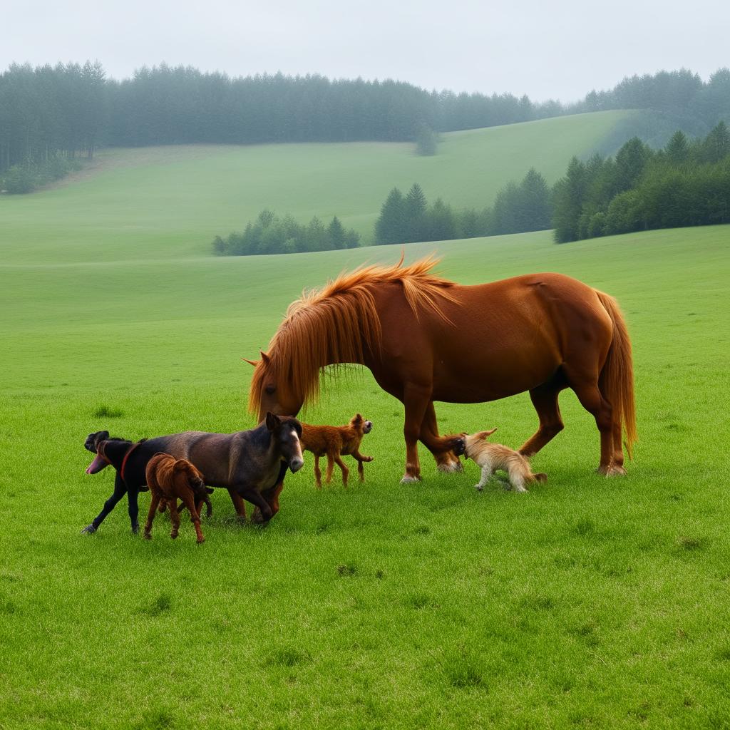 A playful horse and dogs frolicking together in a verdant field