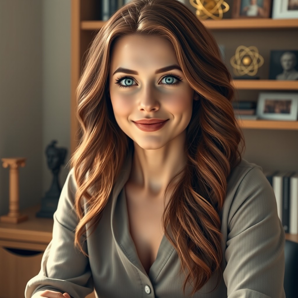 A hyper-realistic digital photograph of a woman in her early 30s, seated at a desk in a warm, softly lit study