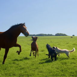 A playful horse and dogs frolicking together in a verdant field