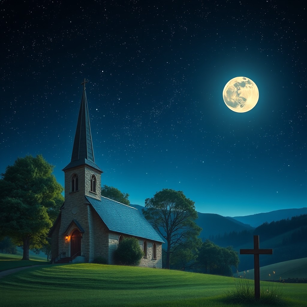 A serene and peaceful scene depicting a scenic Christian night with a starry sky full of twinkling stars and a bright full moon illuminating a tranquil landscape