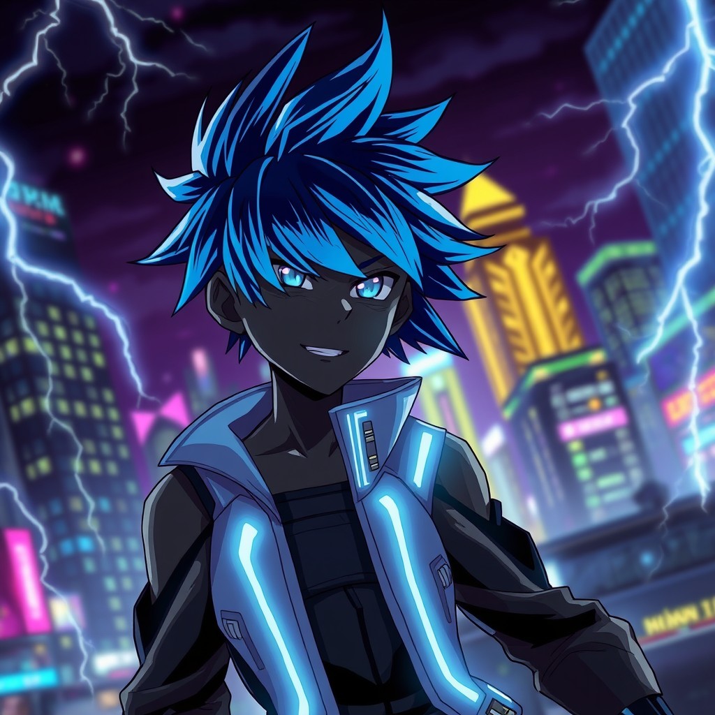 A striking black anime character, with vibrant blue hair styled in an edgy fashion