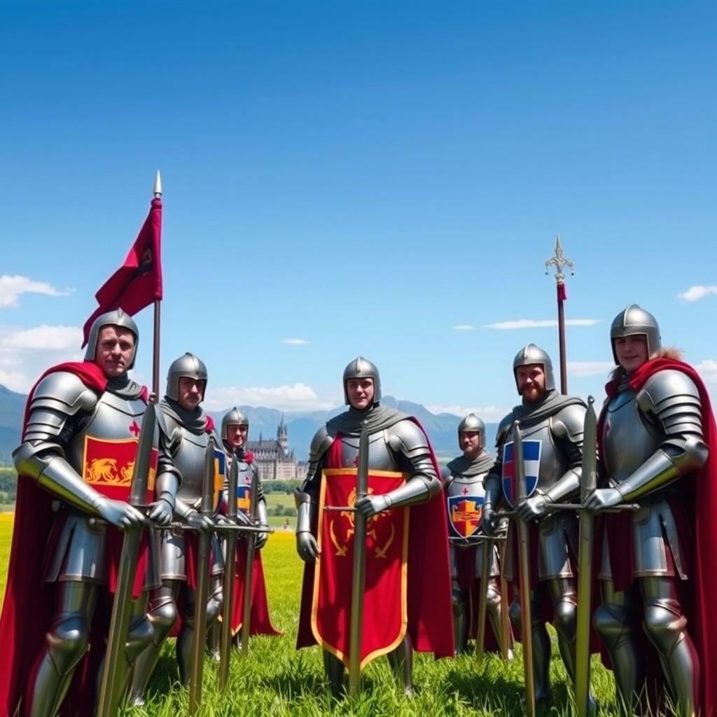 A group of noble knights in shining armor, standing proudly on a lush green meadow under a bright blue sky