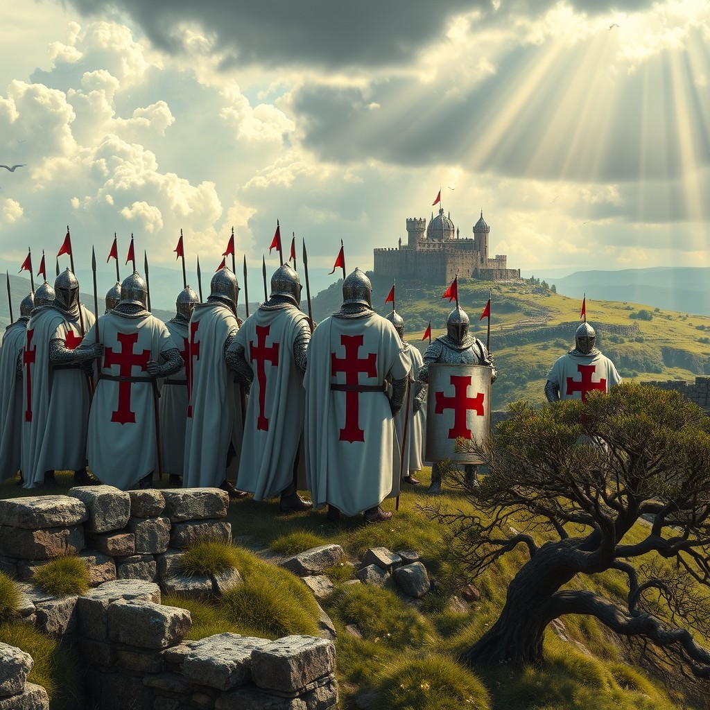 A group of medieval Knights Templar, known for their distinctive white cloaks adorned with a red cross, assembled on a windswept hill overlooking a distant castle