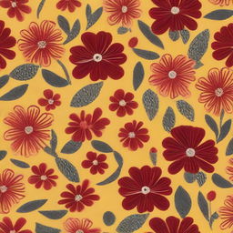 A cloth design featuring a pattern of numerous exceptionally tiny dark red, white, and dark pink flowers against a vibrant yellow background.