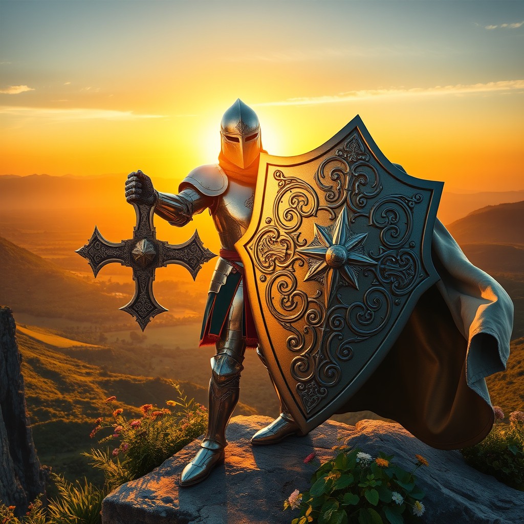 A knight in shining armor, holding a large, intricately designed cross as a shield
