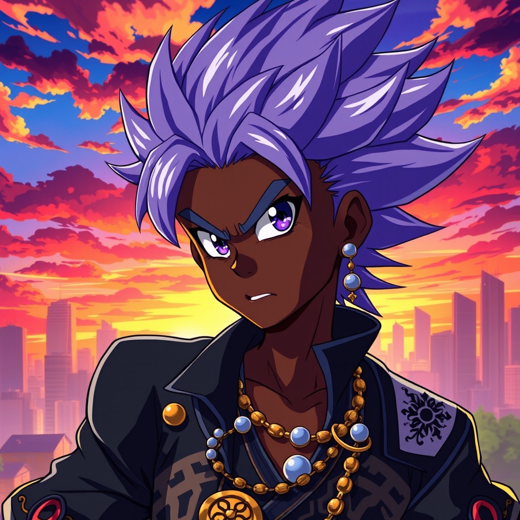 A dynamic anime character with dark skin, showcasing a unique hairstyle with bright and vivid colors, perhaps a mix of blue and purple
