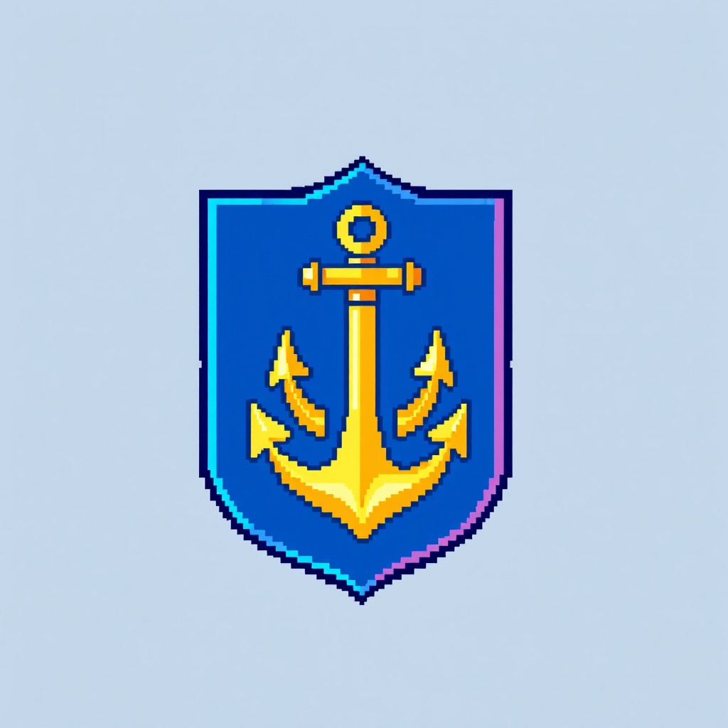 A pixel art representation of the Murmansk coat of arms, featuring a stylized depiction of its elements, primarily a blue shield adorned with a golden anchor symbolizing maritime heritage