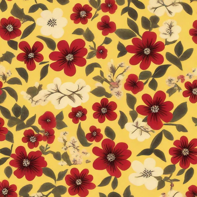 A cloth design featuring a pattern of numerous exceptionally tiny dark red, white, and dark pink flowers against a vibrant yellow background.