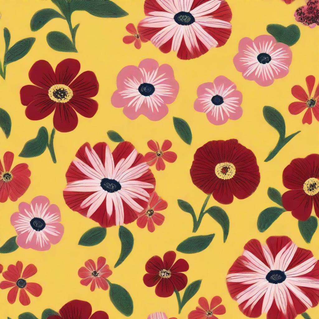 A cloth design featuring a pattern of numerous exceptionally tiny dark red, white, and dark pink flowers against a vibrant yellow background.