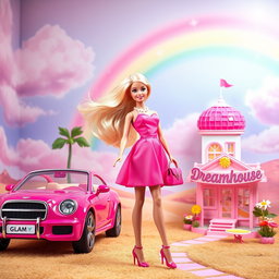 A vibrant and colorful scene reminiscent of a Barbie world, featuring a stylish Barbie doll with flowing blonde hair and a pink dress