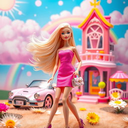 A vibrant and colorful scene reminiscent of a Barbie world, featuring a stylish Barbie doll with flowing blonde hair and a pink dress
