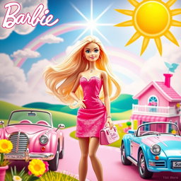 A vibrant and colorful scene reminiscent of a Barbie world, featuring a stylish Barbie doll with flowing blonde hair and a pink dress