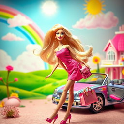 A vibrant and colorful scene reminiscent of a Barbie world, featuring a stylish Barbie doll with flowing blonde hair and a pink dress