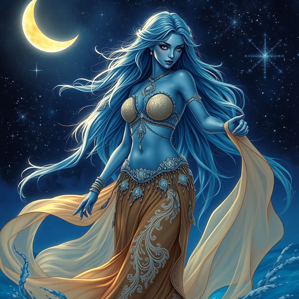 A female water genasi druid from the Circle of Stars, adorned in mesmerizing belly dancer attire that shimmers with oceanic hues