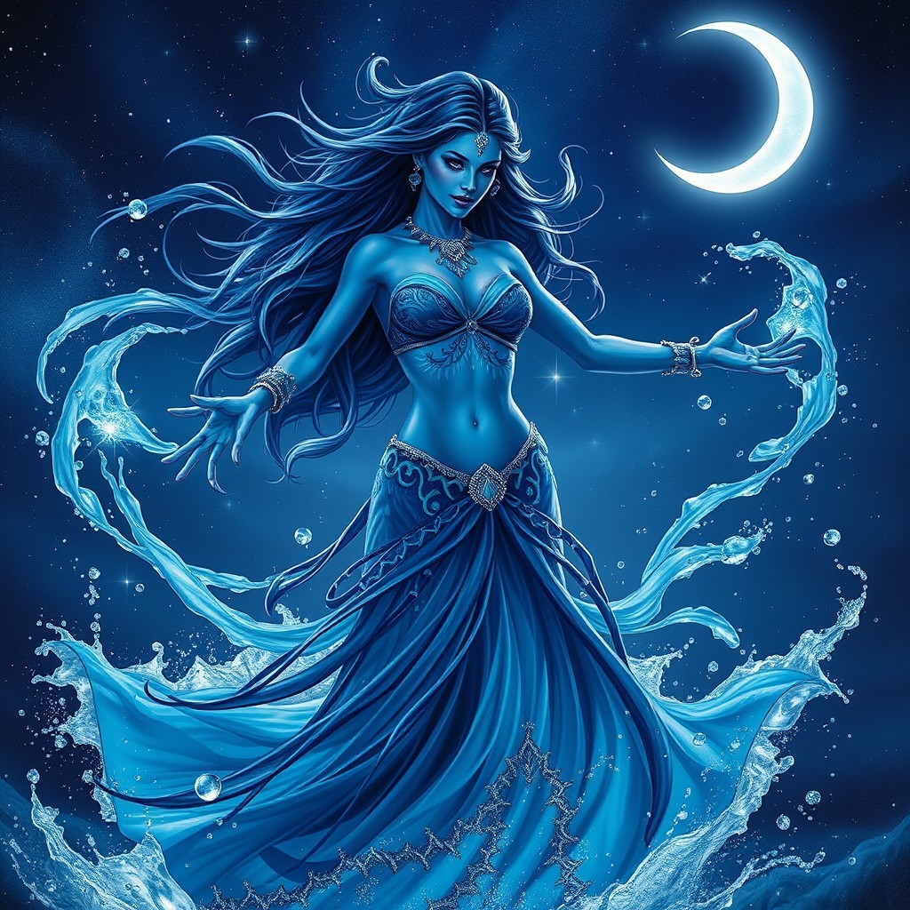 A female water genasi druid from the Circle of Stars, dressed in captivating belly dancer attire that shimmers with shades of blue and aqua