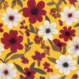 A cloth design featuring a pattern of numerous exceptionally tiny dark red, white, and dark pink flowers against a vibrant yellow background.