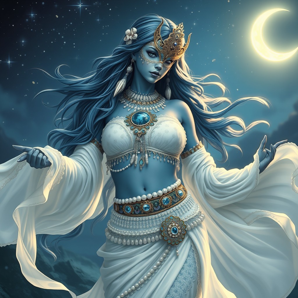 A female water genasi druid from the Circle of Stars, dressed in exquisite white belly dancer attire that shimmers with aquatic accents and intricate beadwork