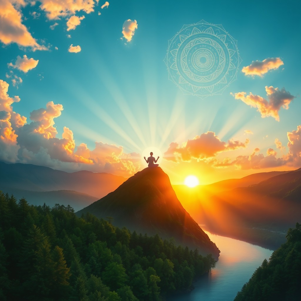 A serene and tranquil scene depicting spiritual emergence, where a figure is meditating on top of a mountain during sunrise